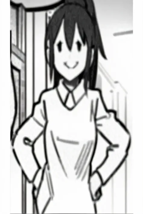 um desenho de uma mulher com um vestido branco e um fundo preto e branco, black and white manga panel, in manga style, in manga style, black and white manga style, como um painel de manga, como personagem de anime, em estilo anime, [[[[sorrindo maldosament...