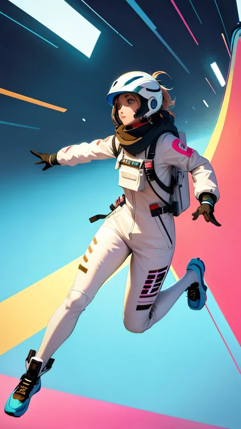 (ultra detailed,ultra high res,detailed background),((2D)),((flat color)),((muted color)),((floating neon)),1girl,solo,looking at viewer, BREAK, spray paint, graffiti, girl in a white space suit wearing her helmet, plush scarf, full body image