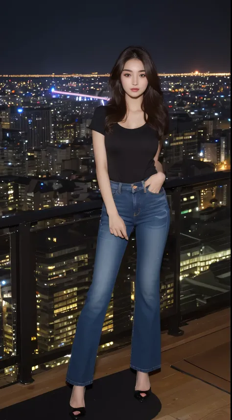 ((midnight, best quality, 8k, masterpiece :1.3)), whole body, long legs, sharp focus :1.2, malaysian beauty nurul，Perfect figure :1.4, slim abs :1.1, ((dark brown hair, big breasts :1.2)), (White tight T-shirt, overalls jeans, permanent:1.2), ((city night ...