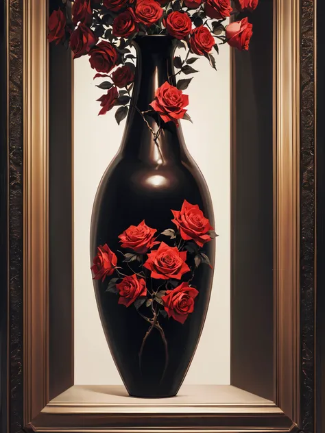 drawing of a tall black vase with scarlet roses on a black background, 