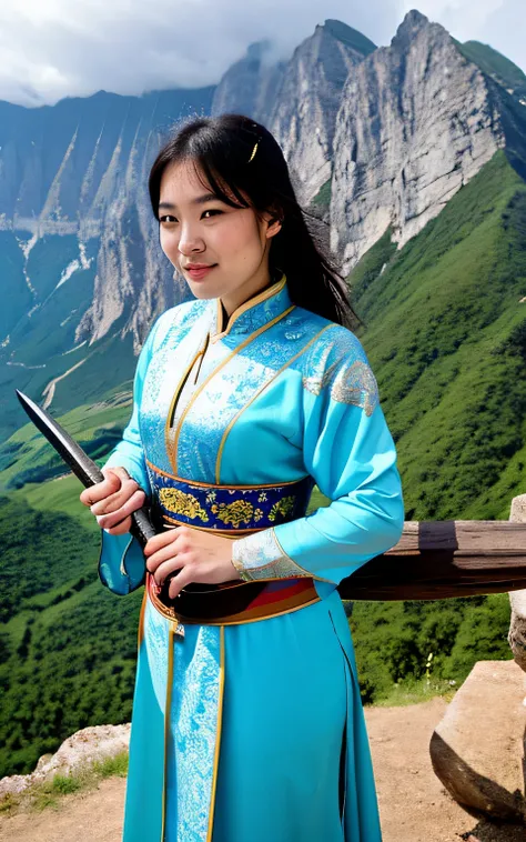 a chinese woman wearing chinese medieval clothes and holding a sword, mountain background, mulan 