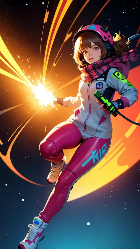 (ultra detailed,ultra high res,detailed background),((2D)),((flat color)),((muted color)),((floating neon)),1woman,solo,looking at viewer, BREAK, spray paint, graffiti, girl in a floral print space suit wearing her helmet, plush tartan scarf, full body ima...