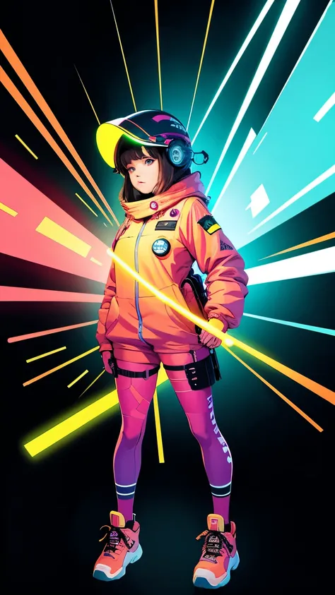 (ultra detailed,ultra high res,detailed background),((2D)),((flat color)),((muted color)),((floating neon)),1woman,solo,looking at viewer, BREAK, spray paint, graffiti, girl in a floral print space suit wearing her helmet, plush tartan scarf, full body ima...