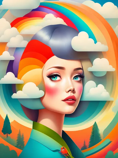 (masterpiece, best quality:1.2),art illustration，girl portrait，often neck，hair by clouds，baiyun，rainbow，the composition，stitchin...