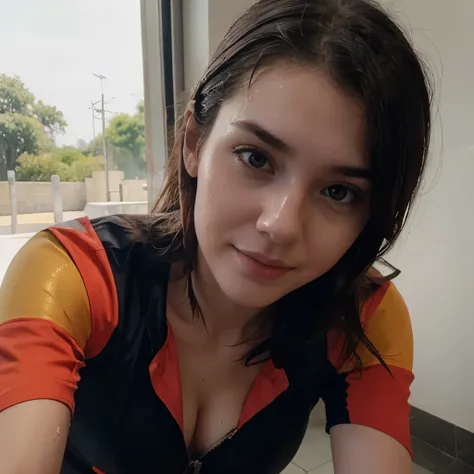 instagram photo, closeup face photo of 23 y.o Chloe in fire fighter uniform, cleavage, pale skin, (smile:0.4), hard shadows, cycling outfit, after shower with wet hair, hotel shower