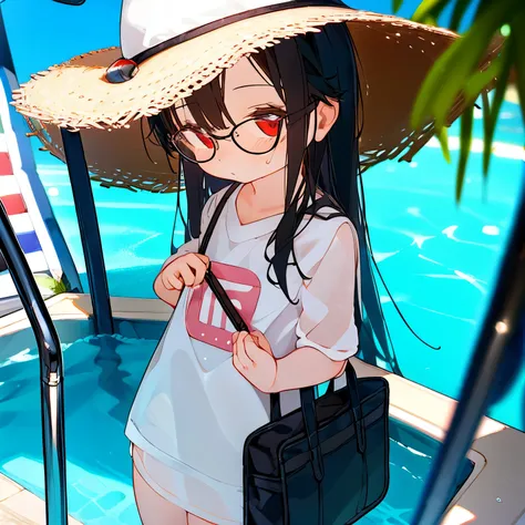 (best quality,masterpiece:1.3),((cute 1 girl:1.2)),(,8 years old:1.4), expressive eyes, perfect face, eye (red), Simple White Headphones, Bucket Hat, long hair Black, Round Glasses Black, Tote Bag, oversize shirt, no pant, low view, wet shirt, forehead, op...