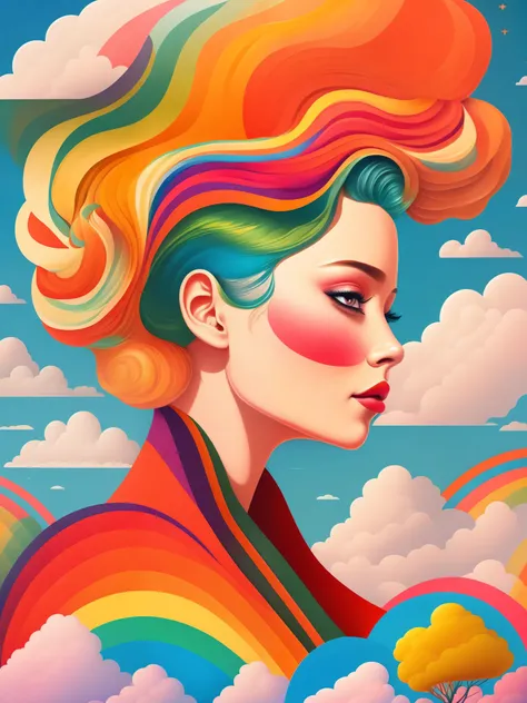 (masterpiece, best quality:1.2),art illustration，girl portrait，long neck，hair by clouds，baiyun，rainbow，the composition，stitching...