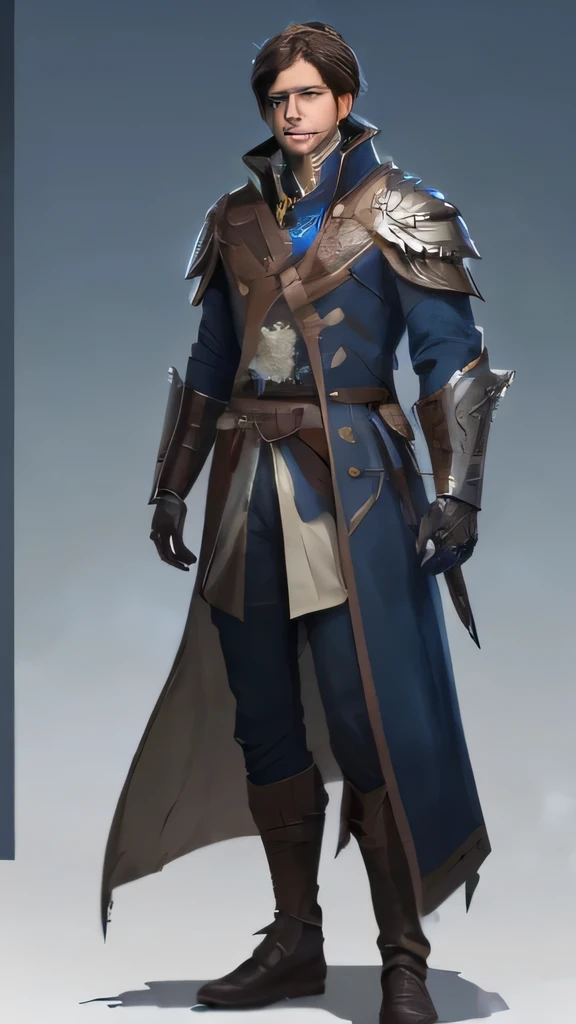 Full body image of young male investigator guard, dress with metal-and-darkwood armor and long coat, blue decoration and eagle symbol, short brown hair rogue style, full body portrait, 4k, rpg character, pathfinder rpg