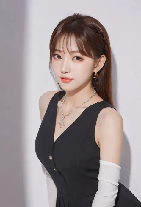 xxmixgirl,a woman in a black dress posing for a picture, 「oh、prismatic person, kpop style colors, Shot at night with studio lights, neck chain, inspired by Wang Yuanqi, brown hair with bangs, 1:1 Album artwork, Streaming on Twitch, plastic doll, Lisa, glam...