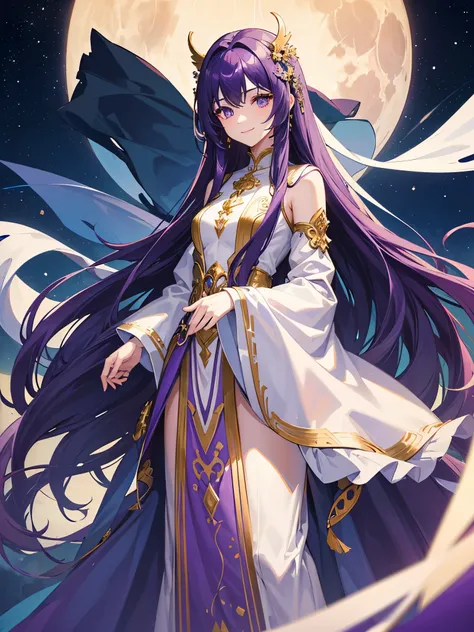 A man with long purple hair，eyes woman，Wearing a long dress，Wearing the moon crown，Standing under the moon sky，smile solemnly