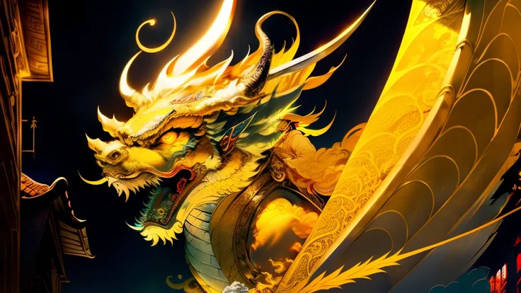 A man with glasses，Riding a golden dragon ，emit golden light，Holding a Fang Tian Drawing Halberd，In the city of heaven，Fight against demons，Panorama
 