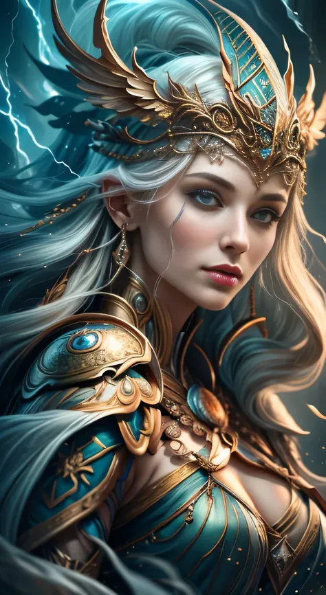 (((Masterpiece))), "Mighty Valkyrie of Strength and power, Lady of Thunder transcending the Norse, germanic, e mitologias gregas, revele-nos sua majestade! Describe in detail the stunning appearance of this deity who personifies formidable strength, power ...