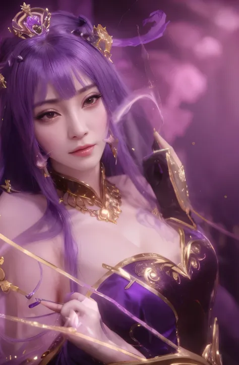 arafed woman in a purple dress with a gold crown and purple hair, a beautiful fantasy empress, ((a beautiful fantasy empress)), 4 k detail fantasy, Tian qiong cast, Apotheosis film, cig 3d, 