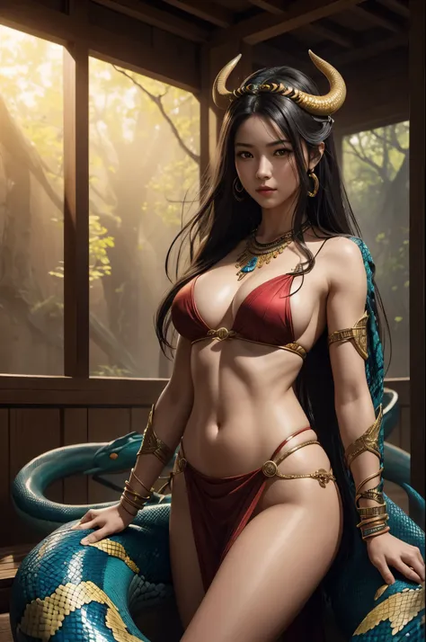 8K,Lower body of the snakeを持つ緑色の髪の女性,Super beautiful(like the real thing),naga,Goddess with the body of a snake,Queen,have a long and large spear,sexy,Bulls-eye,Lower body of the snake,master piece,masterpiece,Photorealistic RAW photos of the highest quali...