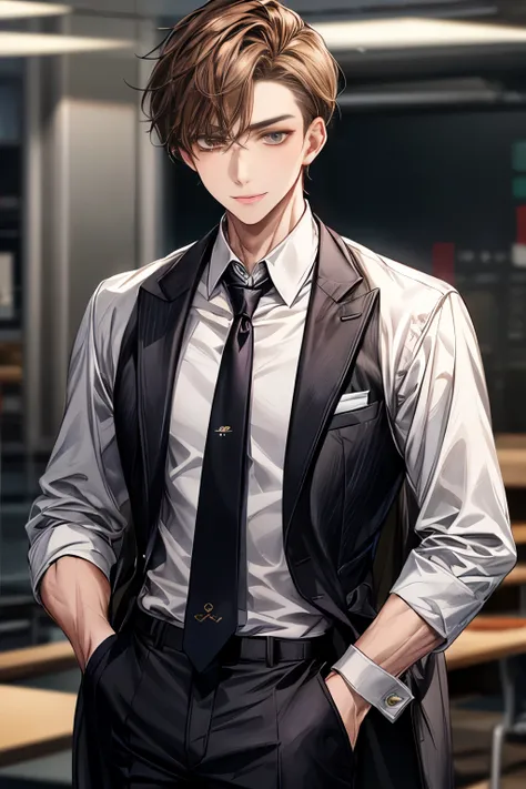 A 24-year-old boy, warm skin, Russet eyes, mature face, avatar, short brown hair, Face focus, aldult, business suit, jacket, White shirt, a tie, Pants, best quality, facial details.