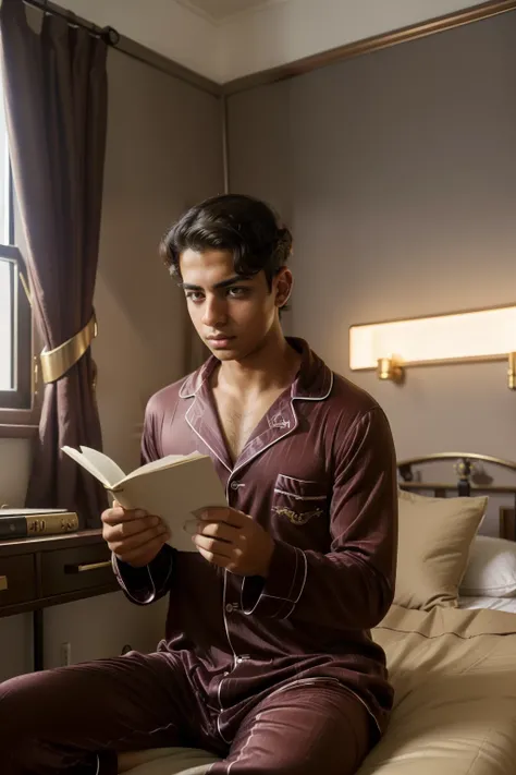 Steampunk Alexandria, Egypt, 2031. ((((16-year-old)) Dario Santiago)), spaniard boy, bronzed, dark hair, good-looking, in a ((student bedroom dorm)), ((sad and scared expression)), reading a note. ((((pyjammas from the 2030s)))) ((hairstyle of the 2030s))