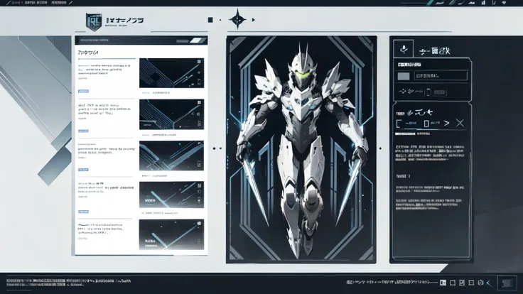 SCI-FI PAGE DESIGN, GREY TONES, SQUARED PATTERNS, CHARACTER STATS SCREEN, UI DESIGN