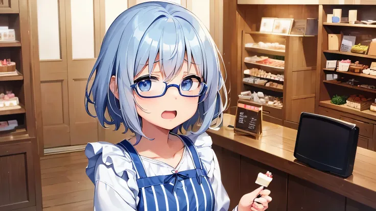 highest quality、masterpiece、(((50 year old middle aged woman alone)))、(((cake shop clerk)))、((Gray hair、short hair、Facial wrinkles、Glasses))、(((light blue eyes))),((upper body ))、open your mouth、((((blue and white vertical striped blouse、white apron))))、((...