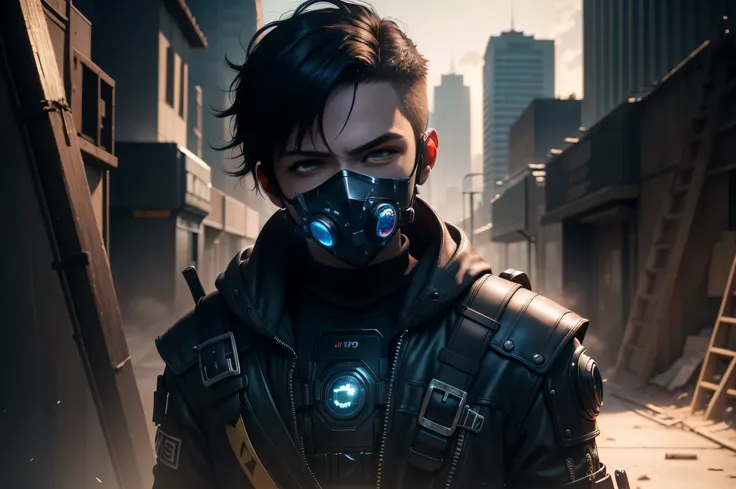 ultra detail, High resolution, ultra detailed, highest quality, wonderful, highest quality, Highly detailed CG Unity 8K wallpaper, cinematic lighting, cyber punk, dark boy, Trash Gang Face Mask