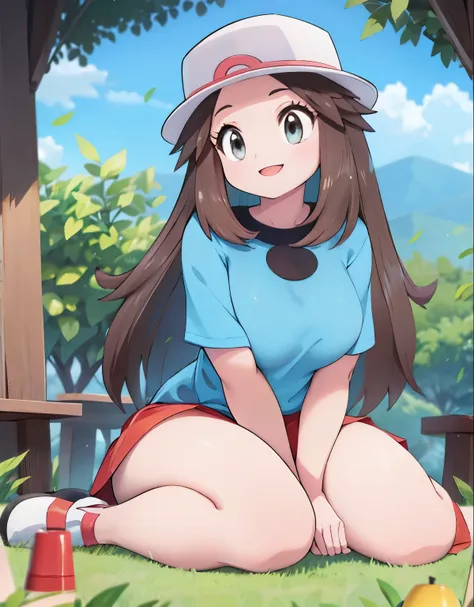 leaf pokemon, full body, curvy body, beautiful eyes, detailed eyes, long eyelashes, visible thighs, thick thighs, sitting, red s...