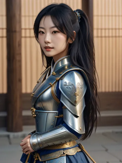 arafed Asian woman in gold and blue outfit standing, female samurai, perfect face, perfect eyes, beautiful model, small lips, pretty smile, Mix Asian and European origins, very beautiful samurai, Japanese warrior, beautiful female warrior, a beautiful woma...