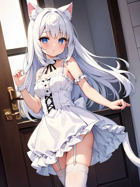 masterpiece, {{{{highest quality}}}}, beautiful,1 girl, white_hair, cat ears(white), cat tail(white), frilled choker、miniskirt_d...