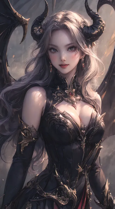 best quality, 3/4 body, portrait, beautiful well-endowed curvaceous fierce demon girl with big gorgeous eyes, perfect slim fit body, adorned with dark, ornate clothing, leading a formidable gang. Her eyes gleam with a mix of danger and charisma, commanding...