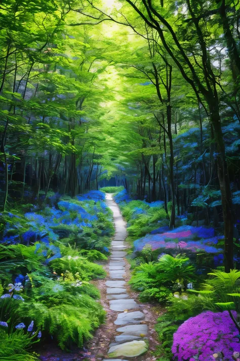 wonderland, lush forest and plantlife, camera level on ground detailed 8k dusk evening, masterpiece, best quality, high quality, extremely detailed 8k wallpaper, An enchanting and dreamy scene of a fantasy forest, with towering trees, glowing mushrooms, an...