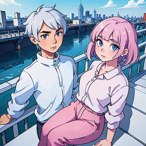 A young Japanese man in sportswear, with white hair, no beard, blue eyes and white eyebrows, and a woman with pink blunt-cut hair are sitting on a bridge looking out over the city.