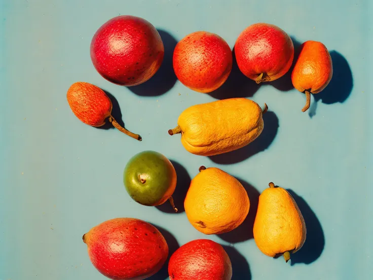 analog style ((artistic)) professional ((still life)) photo of various fruits, linen cloth, rough wood, paint, ceramic, plants, blue, harmonic colors, sharp focus, long shadows, small details, 500px,