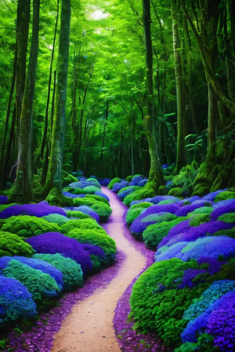 lush forest and plantlife, extremely detailed, 8k, high quality, an enchanting and dreamy scene of fantasy/alien forest, glowing mushrooms, creating a sense of mystique and enchantment, award winning photography, lots of blues and purples, path, biolumines...