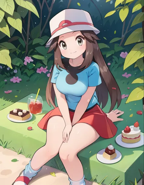 1girl, leaf pokemon, full body, curvy body, beautiful eyes, detailed eyes, long eyelashes, visible thighs, sitting, red skirt, b...