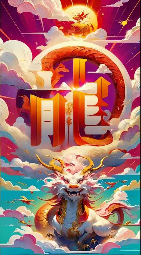 logo,masterpiece,(on a red background:1),Golden Chinese dragon surrounded by white clouds,pink sakura tree,petal,wind,God,long wavy body,fangs,fantasy, myth, high quality, Very detailed, masterpiece, epic,particle effects,dynamic effect,sun in background，r...