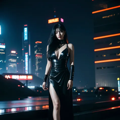 a woman, black hair, long hair, Korean, shiny dress, cyberpunk, futuristic city, 1987 style, 1987 film, masterpiece, best quality, blade runners style, cyberpunk city, dark theme. 