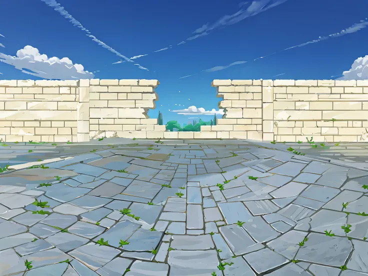 Palace courtyard, destroyed wall, stone pavement, blue sky in the background, anime style, cartoon