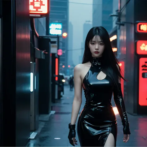 a woman, black hair, long hair, Korean, shiny dress, cyberpunk, futuristic city, 1987 style, 1987 film, masterpiece, best quality, blade runners style, cyberpunk city, dark theme. 