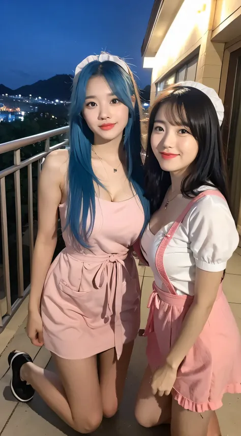 Two cute Korean singer girls，Take photos at night，The background is the balcony，The two girls knelt together，kneeling，Wearing a maid outfit，Coffee shop maid outfit，There is a bell around the neck，Skinny and tall body，Cute real girl with big breasts，Blue ha...