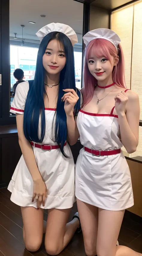 Two cute Korean singer girls，Take photos at night，The background is the balcony，The two girls knelt together，kneeling，Wearing a maid outfit，Coffee shop maid outfit，There is a bell around the neck，Skinny and tall body，Cute real girl with big breasts，Blue ha...