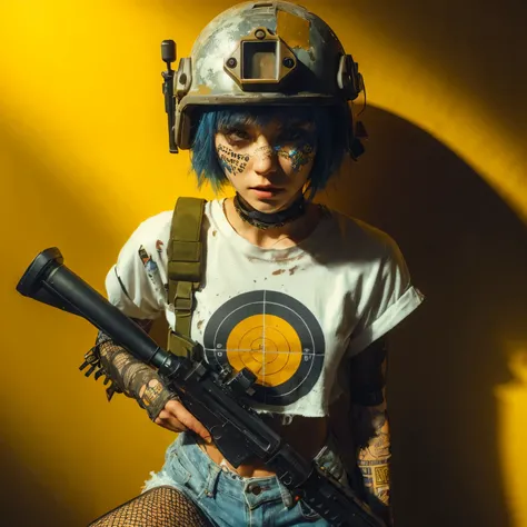 hyper realistic photography, teasing image, mysterious backlight shade full body head to toe of fictional character: an edgy caucasian girl, detail facial, frackles, pore, band aid on her cheeks, short blue hair, wear soldier helmet full badges, cool weird...