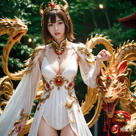 (Fight fiercely with dragons)、top-quality、​masterpiece、超A high resolution、（White Dragon Armor）、dragon armor、(Wearing a beautiful crown made of jewels),(Photorealsitic:1.4)、Raw photo、女の子1人、Golden hair、glowy skin、(((Chinese Dragon)))、（Gorgeous Jewelry Neckla...