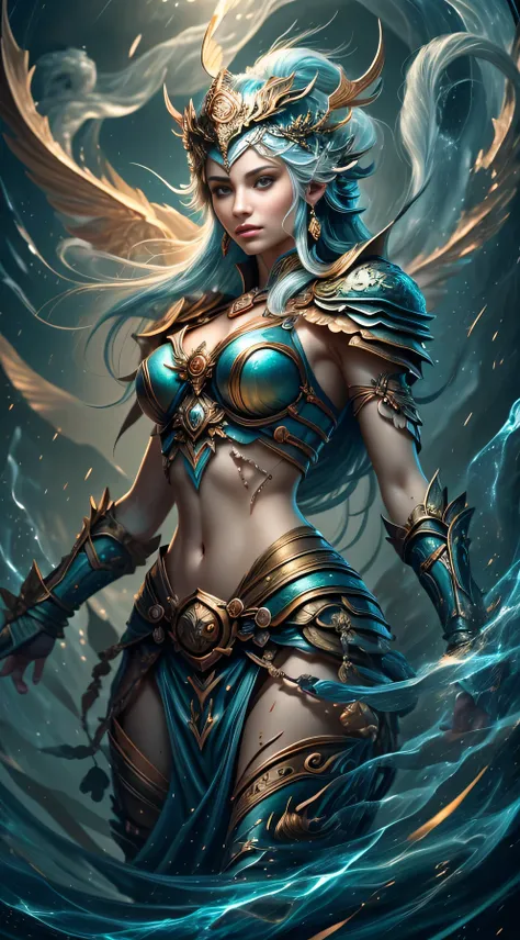 (((masterpiece))), "mighty valkyrie of strength and power, lady of thunder transcending the norse, germanic, e mitologias gregas...