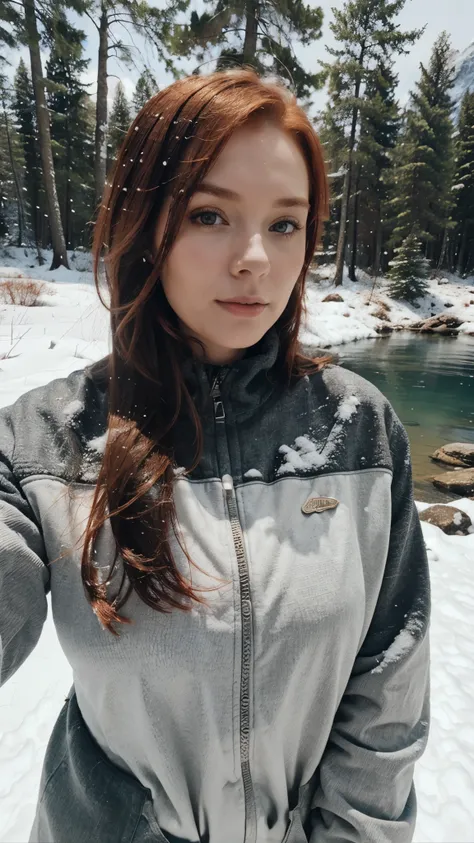 female, 28 years old, redhead, snow, forest, lake, mountain