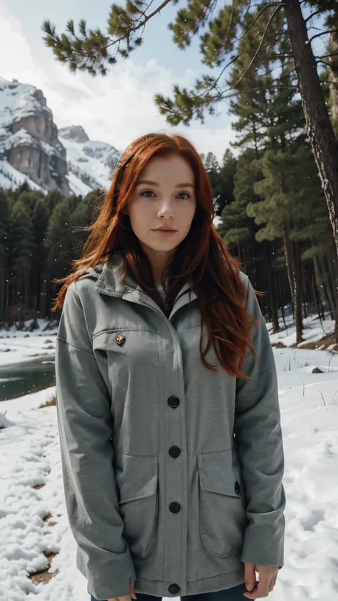 female, 28 years old, redhead, snow, forest, lake, mountain