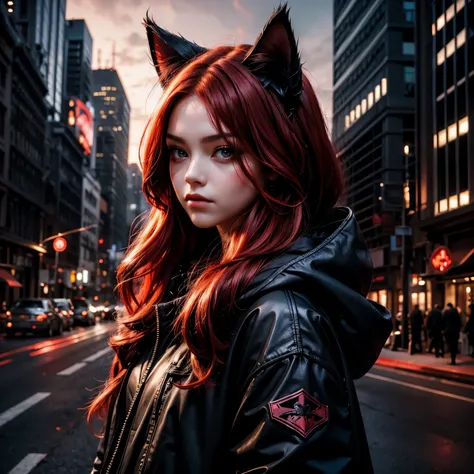 Dark style, nice perfect face with soft skin, really young beautiful girl kid, long red hair, black hood with cat ears, black eyes, skyscrapers 