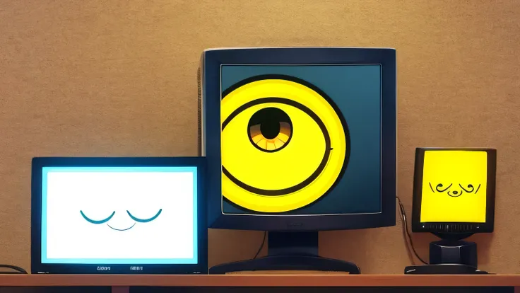 Cute cartoon yellow computer with eyes, face on the monitor, Retro computer, Fiends, computer only, #F2911B, #F27F1B