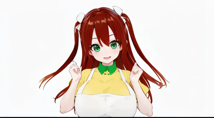 1girl, pale skin, green eyes, bangs, reddish brown hair, long hair, pigtails, two white bows, yellow shirt, green collar, white apron, large breasts, happy, absurdres, high res, ultrasharp, 8K, masterpiece, looking at viewer, smiling, cute