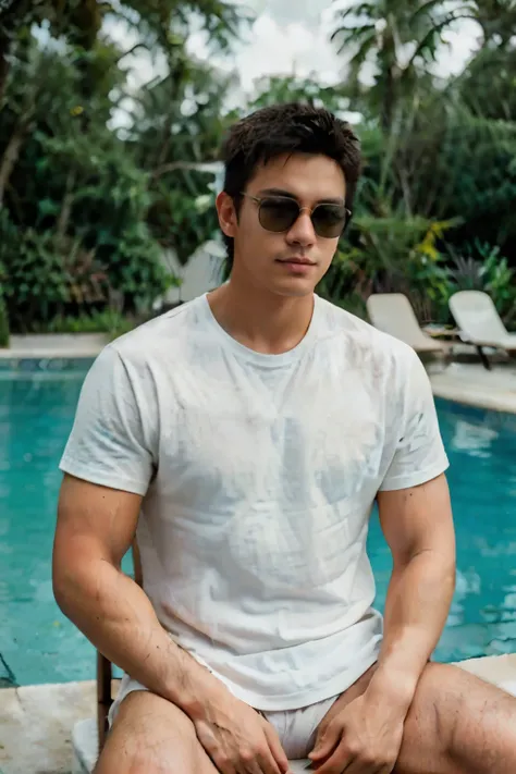 1man, 
a 25 y.o muscular male Relaxing in the swimming pool wearing a white shirt, Skateboarding field, Wear sunglasses, sitting relaxed in a chair,
soft lighting, 
masterpiece, best quality, 8k uhd, dslr, film grain, Fujifilm XT3 photos, realistic, detail...