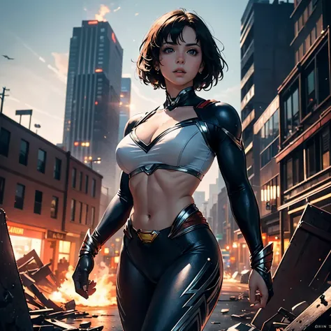 1girl, solo, action shots of female ((wearing a skimpy revealing black and silver version of the evil superman suit man of steel)), large breasts, (explosions in the background a city in ruins), Style-BladeRunner2049-8v Intricate, High Detail, Sharp focus,...