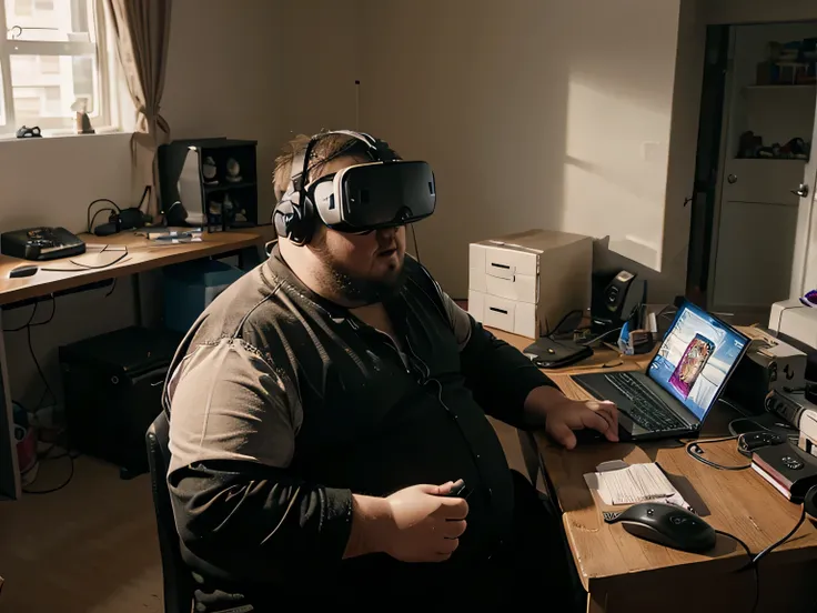 Fat man with VR playing games, room, desk, mess, technology