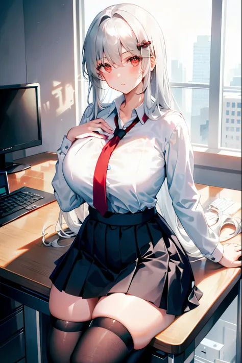 Ningguang, 1girl, solo, ((white shirt)), black thighhighs, breasts, cleavage, uniform, office background, black skirt, pleated skirt, office, hair between eyes, hair ornament, large breasts, long hair, looking at viewer, silver hair, silver short nails, re...